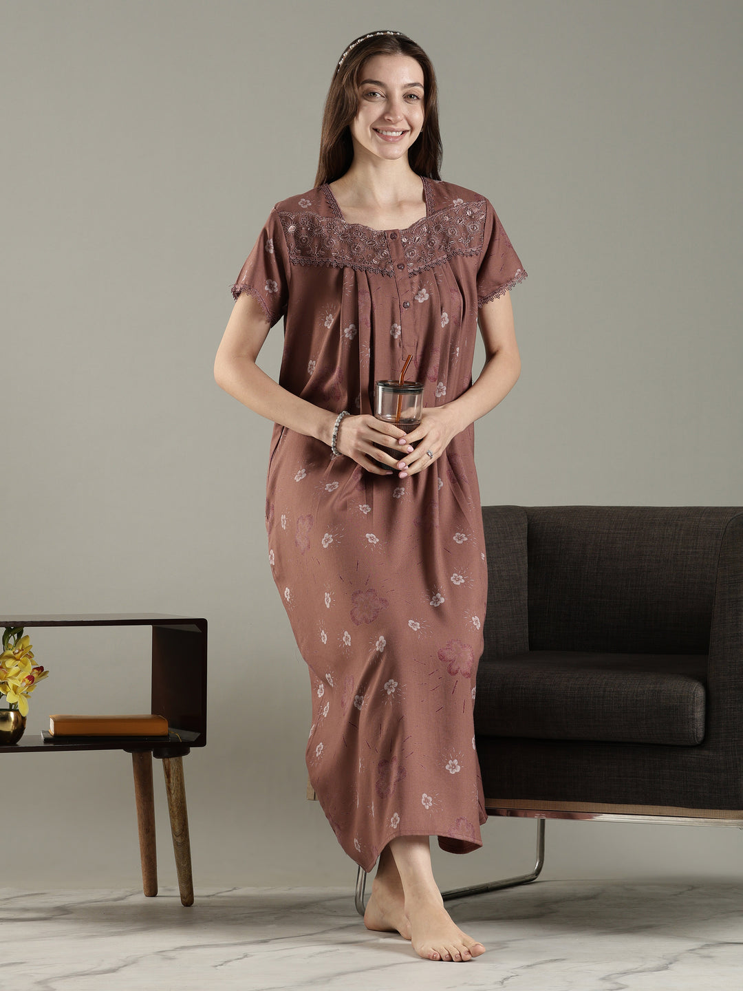 Dusty cocoa alpine floral pleated nighty for women