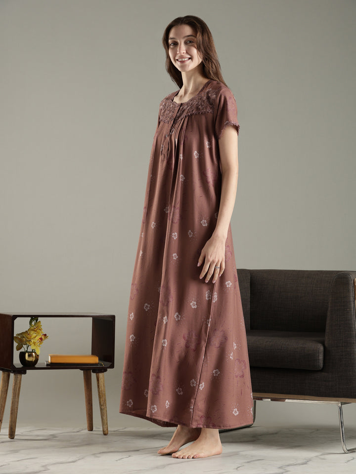 Dusty cocoa alpine floral pleated nighty for women