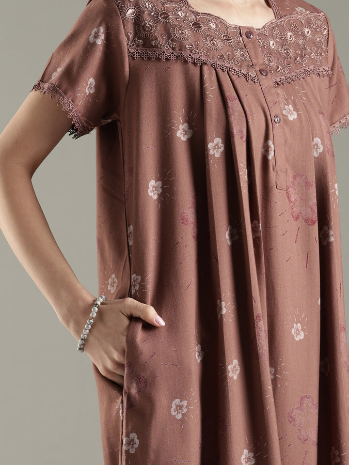 Dusty cocoa alpine floral pleated nighty for women
