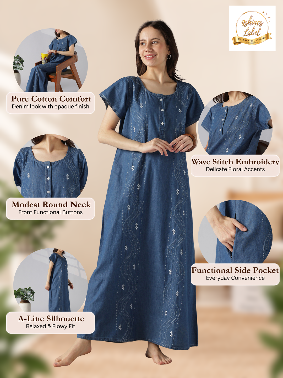 Wave stitch embroidered nighty dress for women online