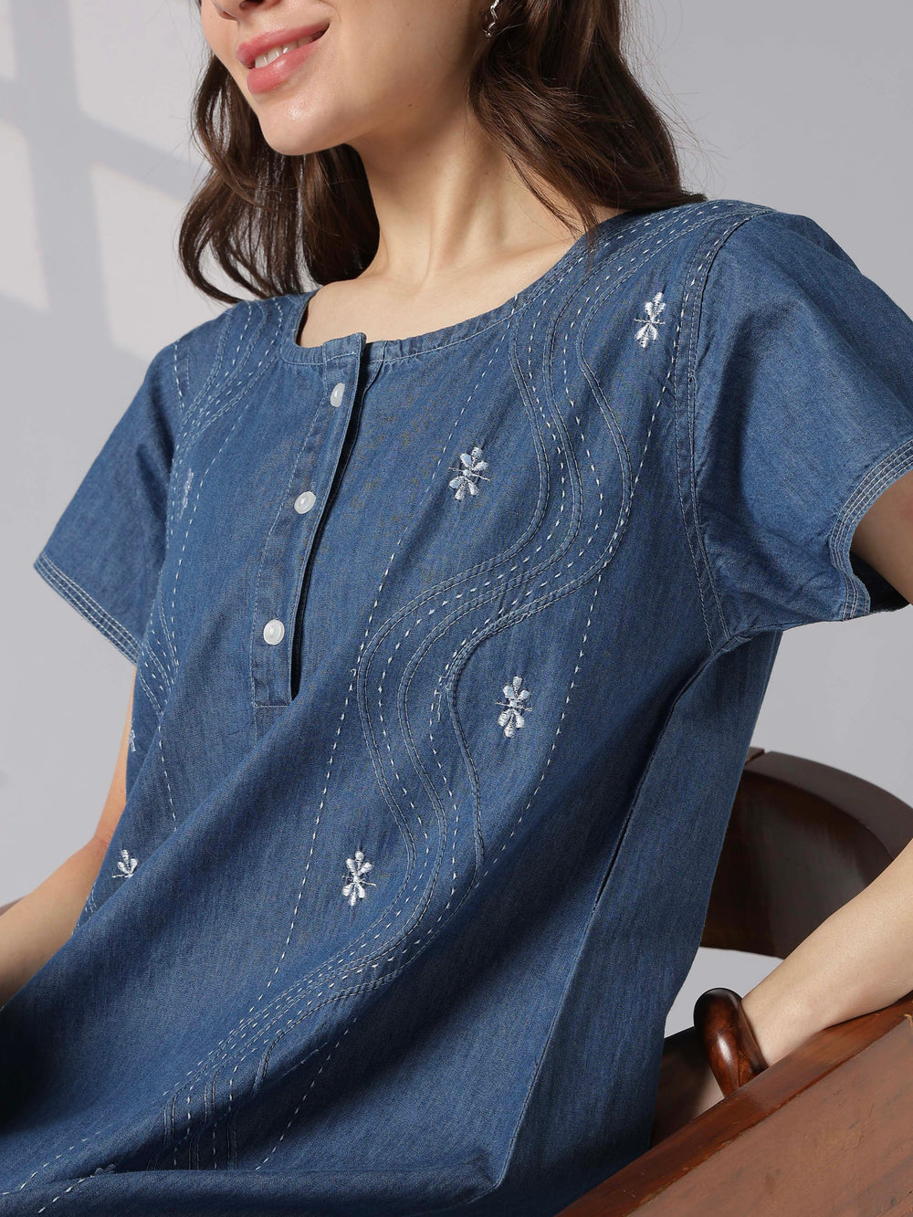 Wave stitch embroidered nighty dress for women online