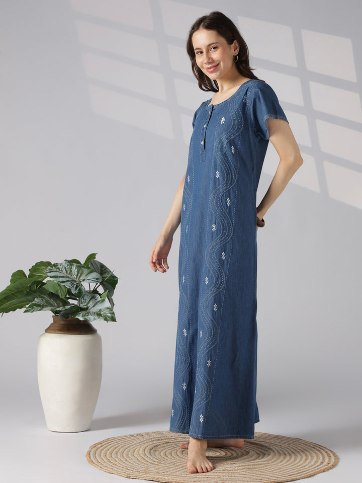 Wave stitch embroidered nighty dress for women online