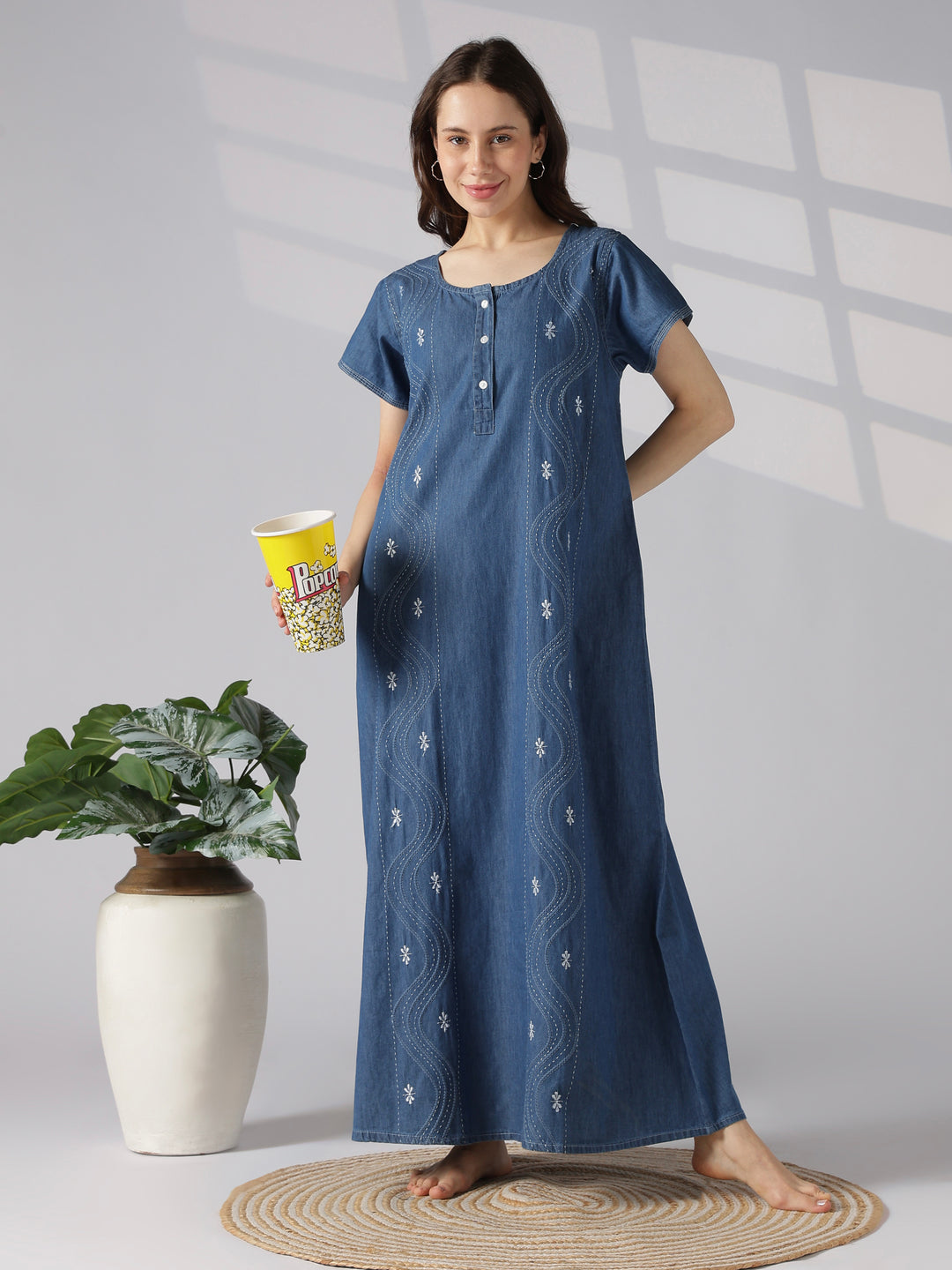 Wave stitch embroidered nighty dress for women online