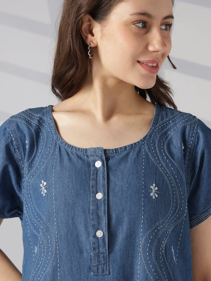 Wave stitch embroidered nighty dress for women online