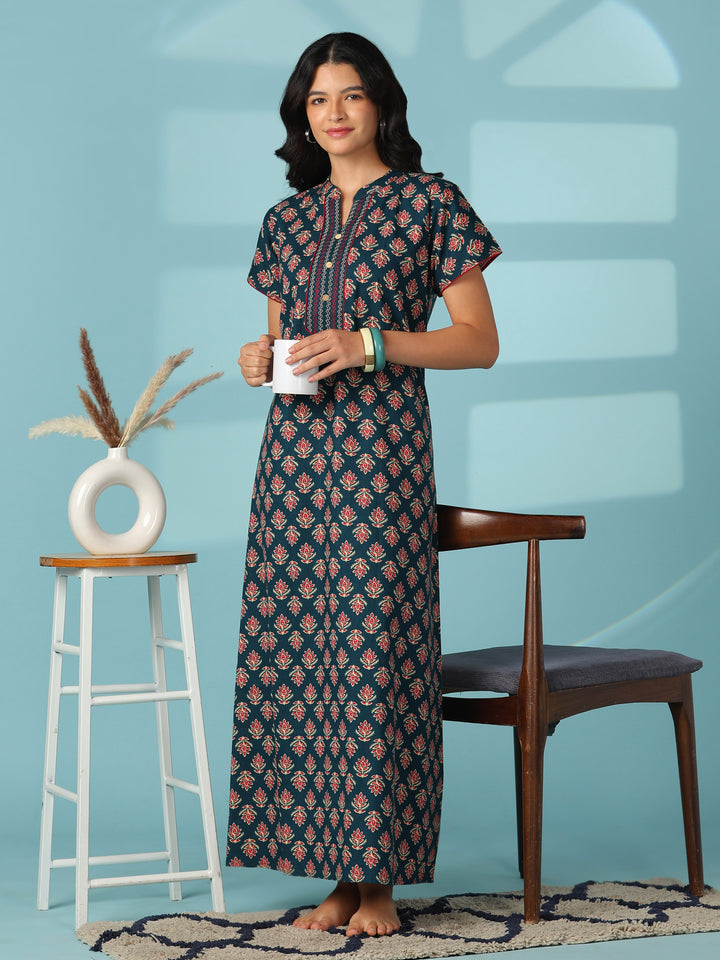 Embroidered pure cotton designer night dress for women