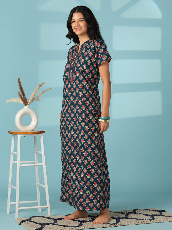 Embroidered pure cotton designer night dress for women