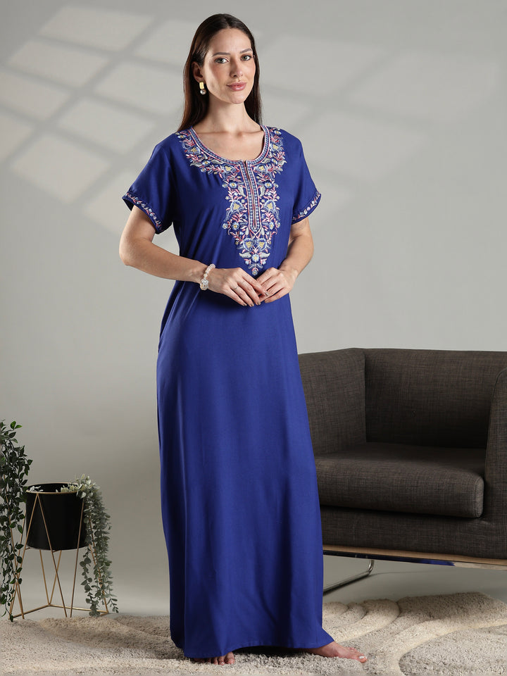 Royal blue summer nightwear for women featuring intricate floral embroidery.