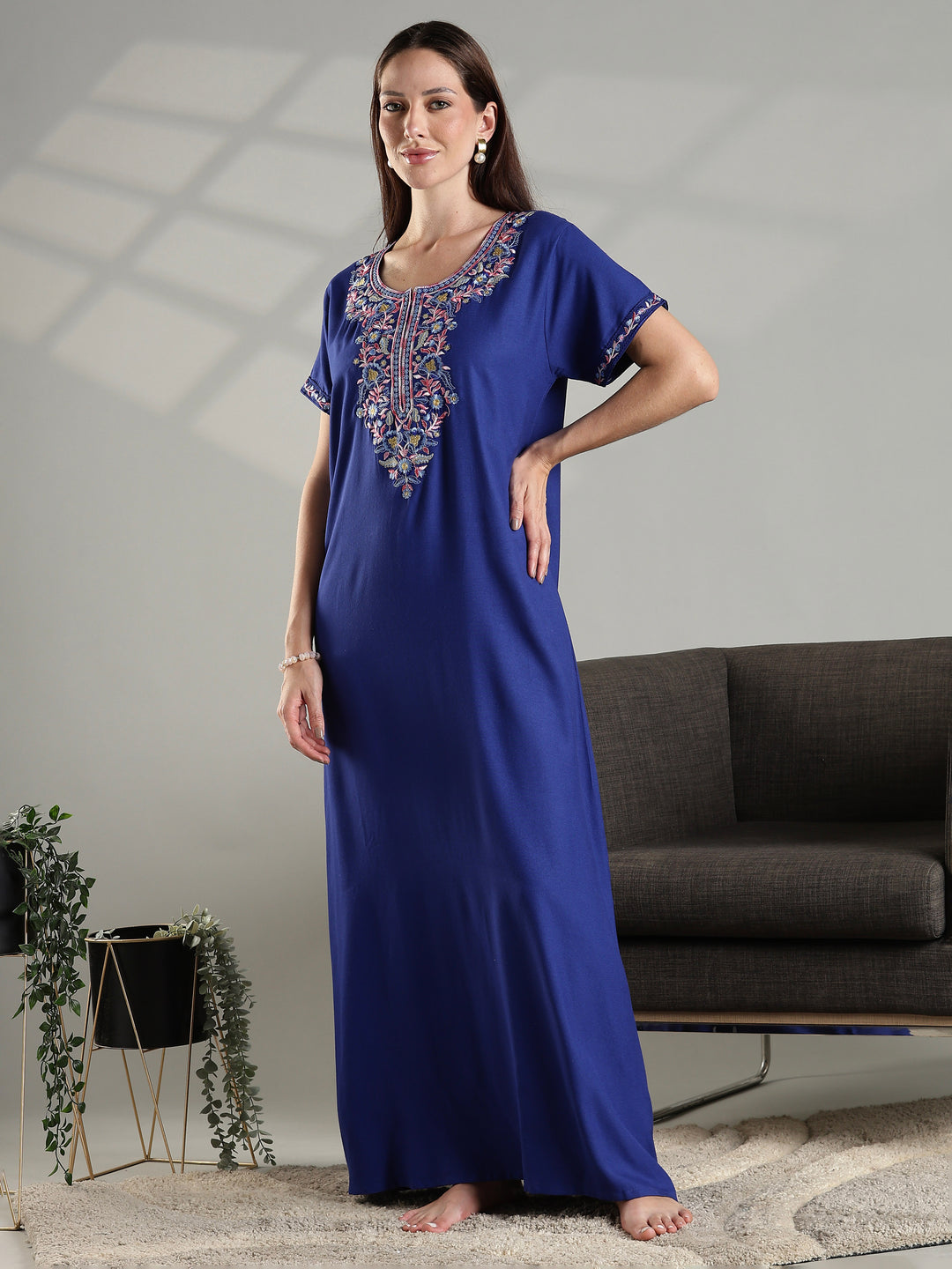 Royal blue summer nightwear for women featuring intricate floral embroidery.