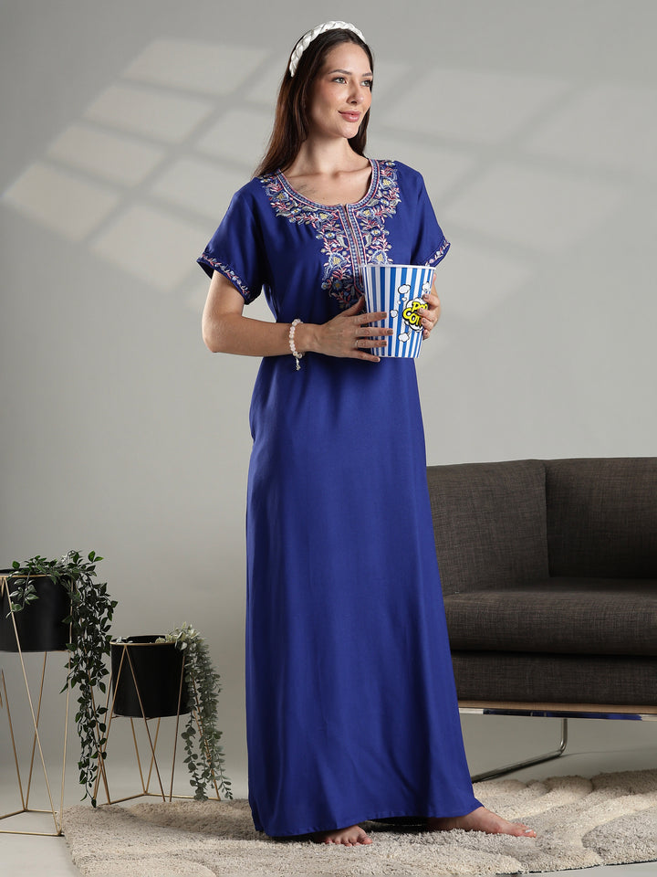 Royal blue summer nightwear for women featuring intricate floral embroidery.