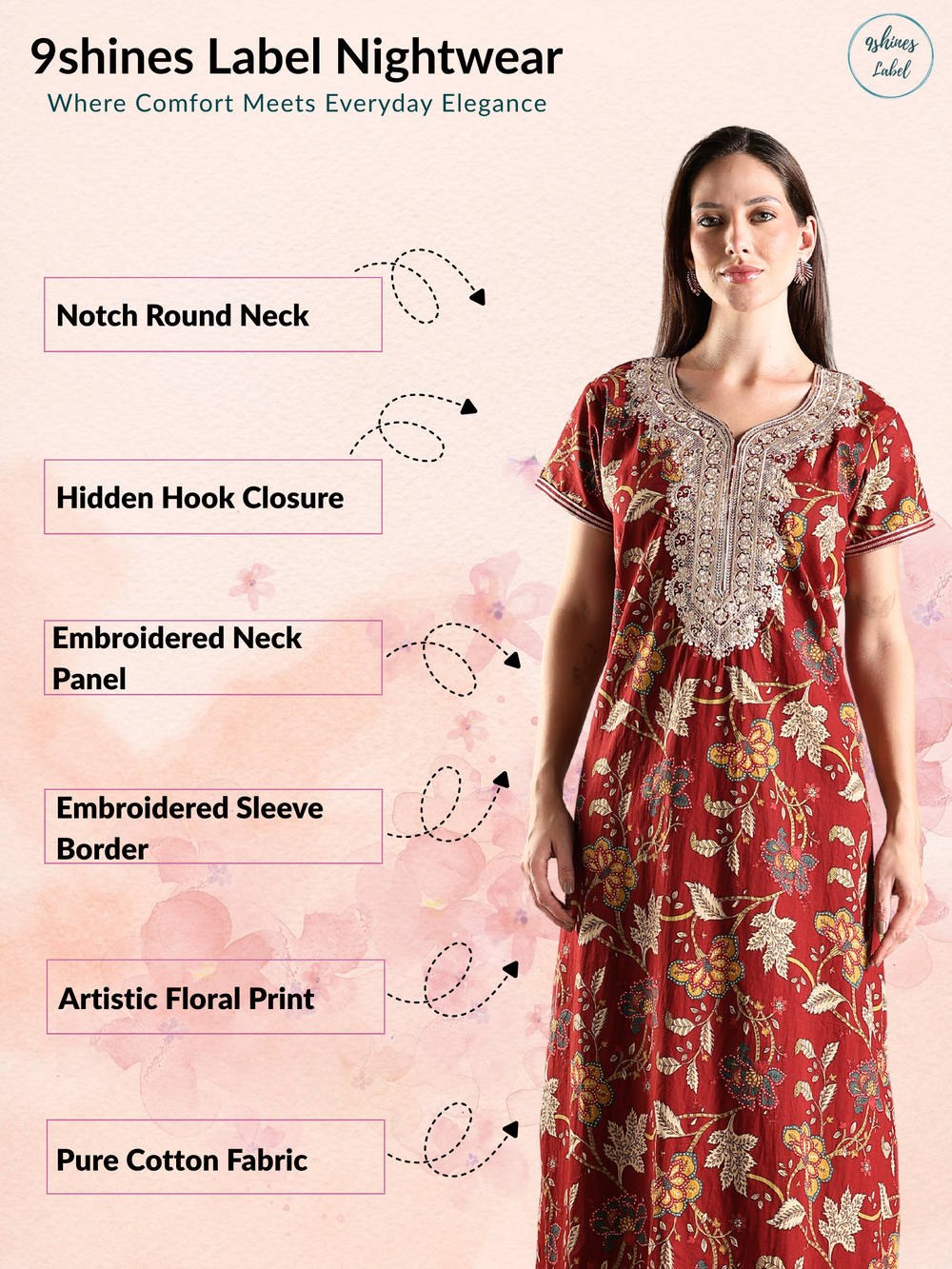 Rust floral cotton embroidery nighty for women with pocket
