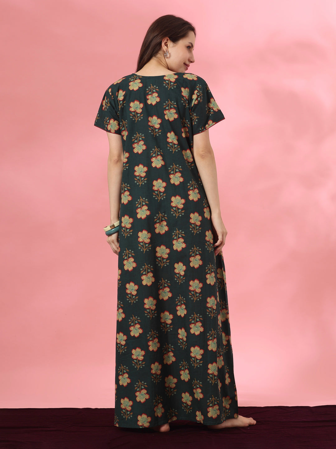 Pure cotton floral a line nighty dress in mahek forest