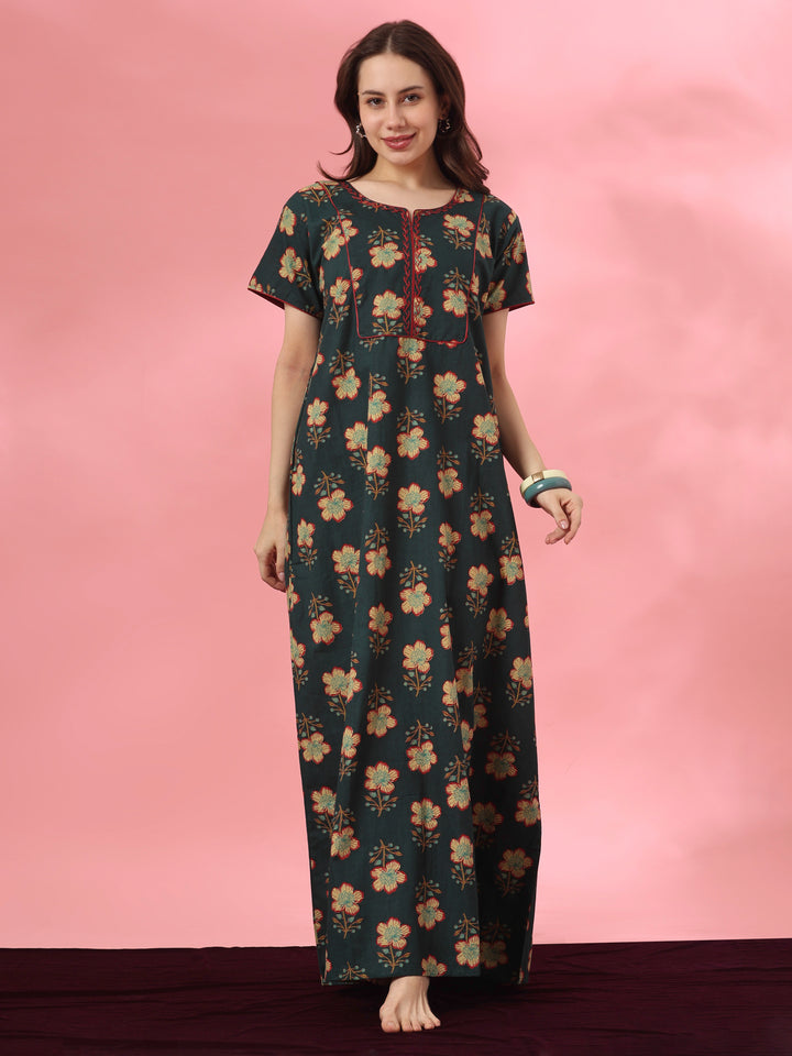 Pure cotton floral a line nighty dress in mahek forest