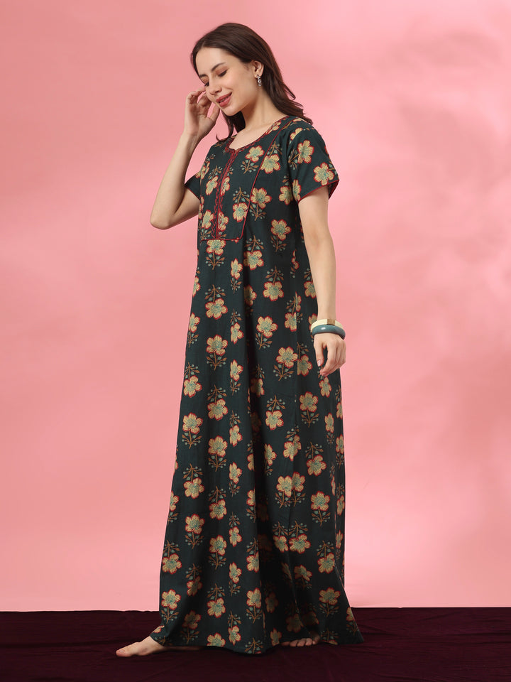 Pure cotton floral a line nighty dress in mahek forest