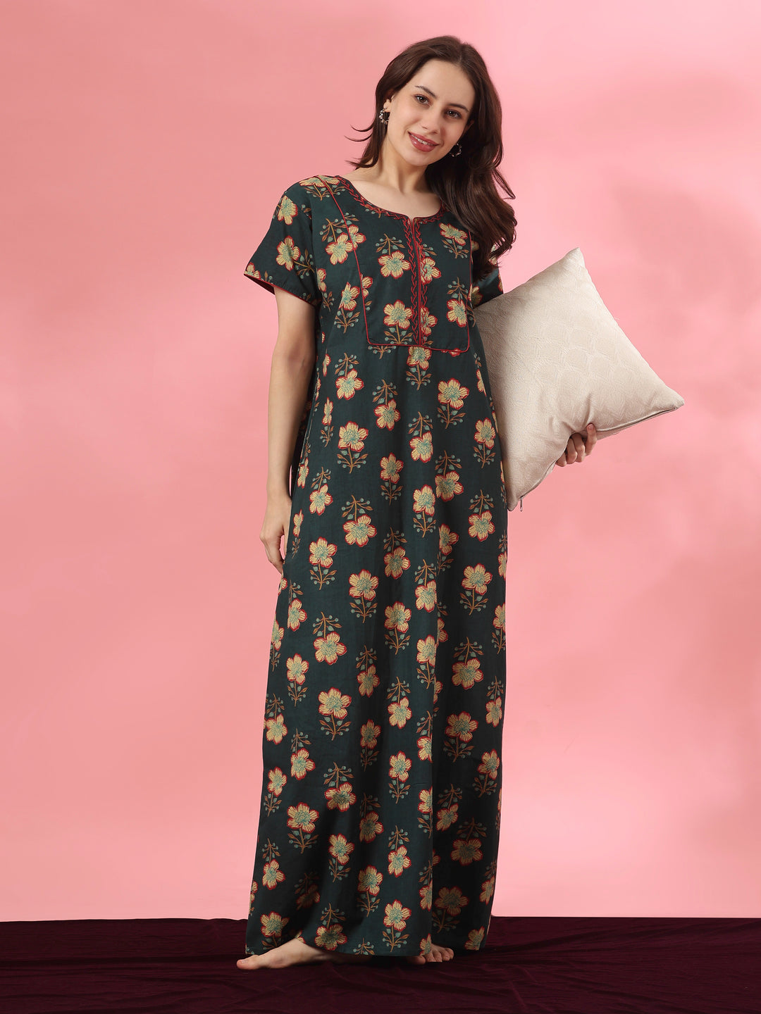 Pure cotton floral a line nighty dress in mahek forest