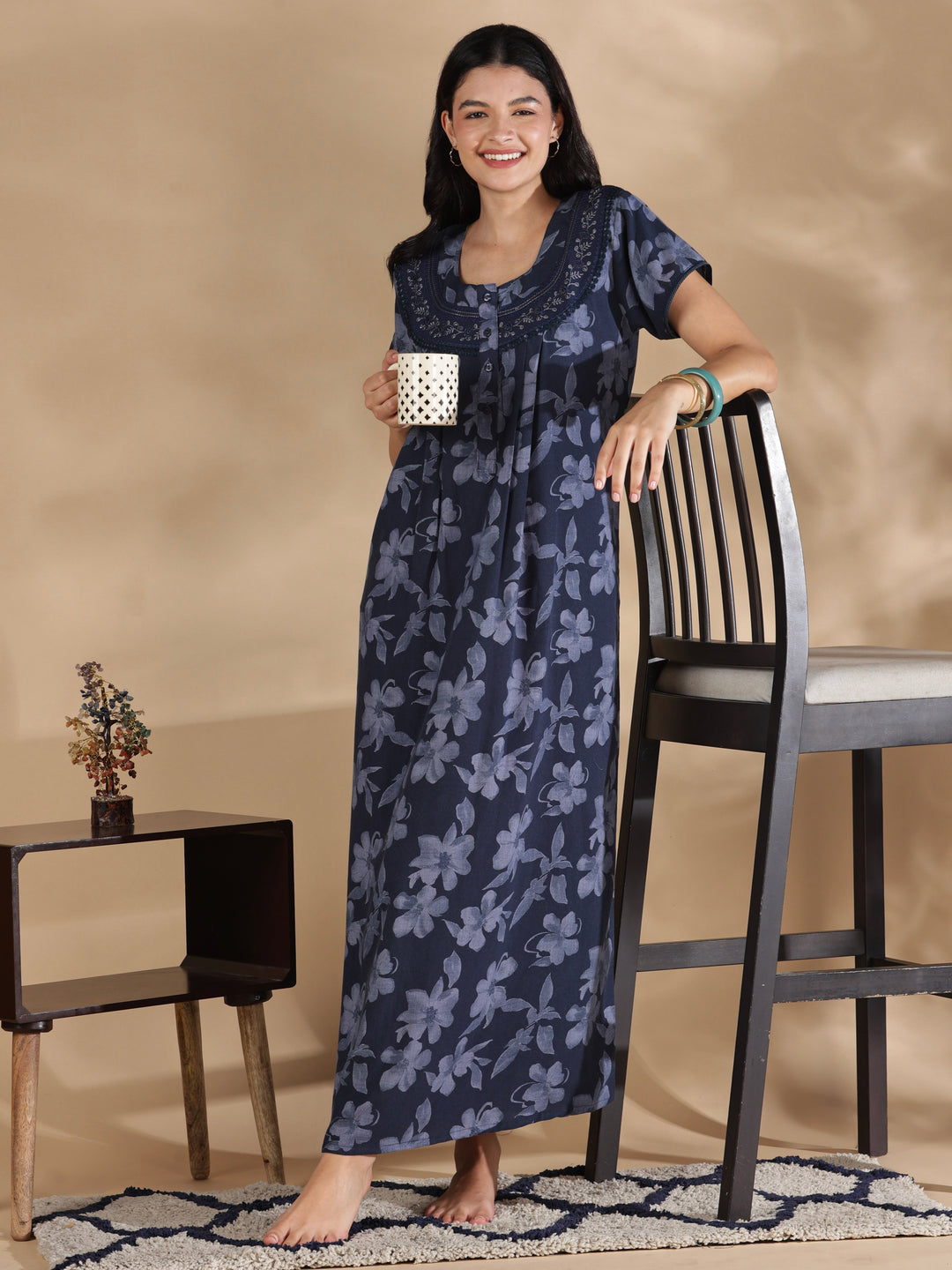 Blossom blue crush cotton designer nighty for women