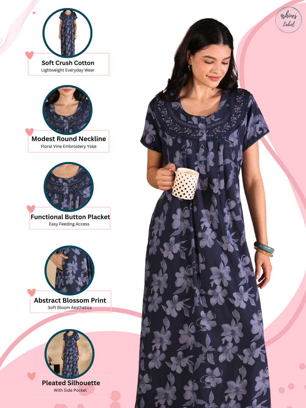 Blossom blue crush cotton designer nighty for women