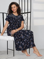 Sapphire Blue Floral Alpine Nighty with Pleated Design