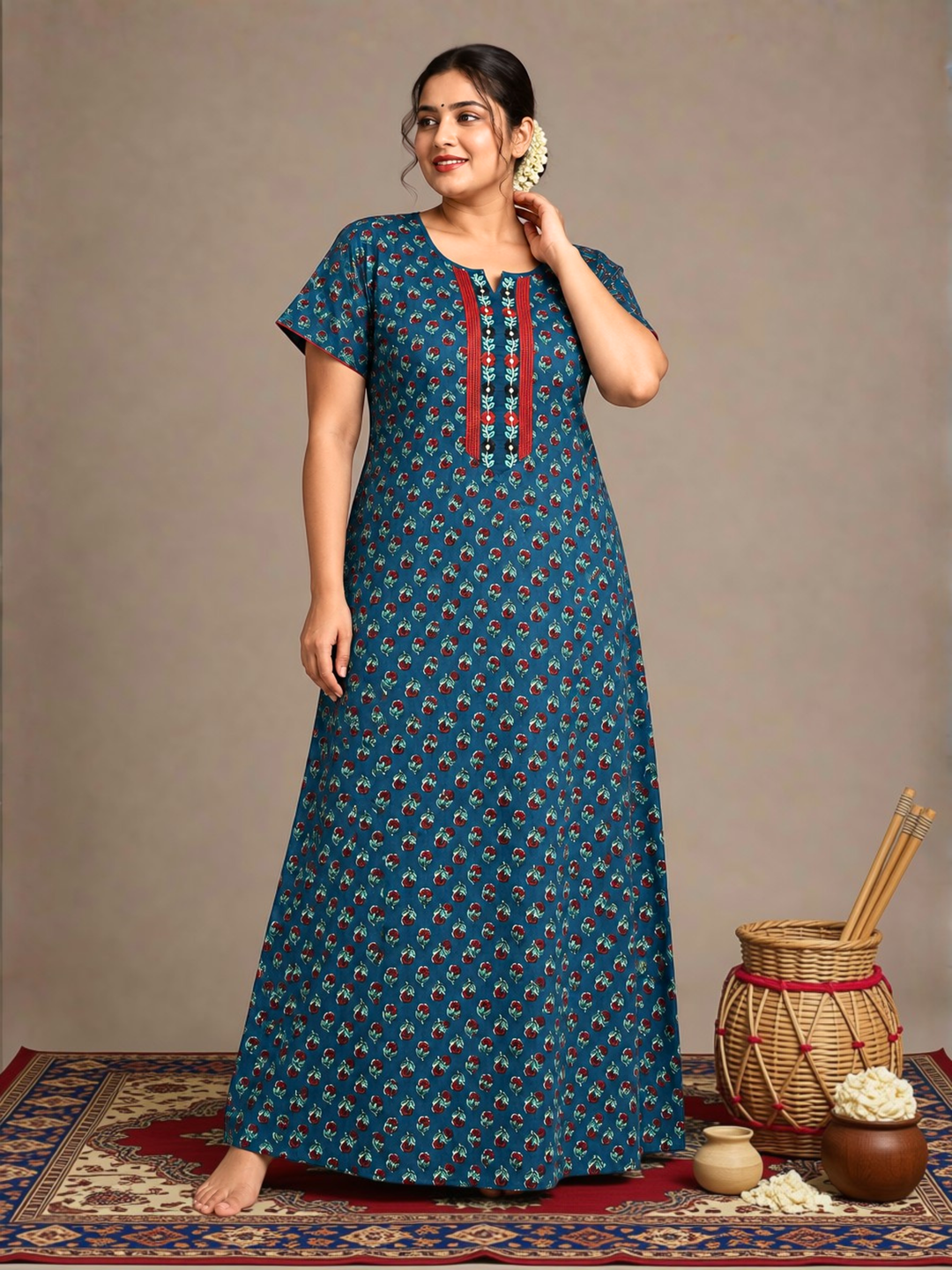 Floral buti print cotton nighty dress for women online