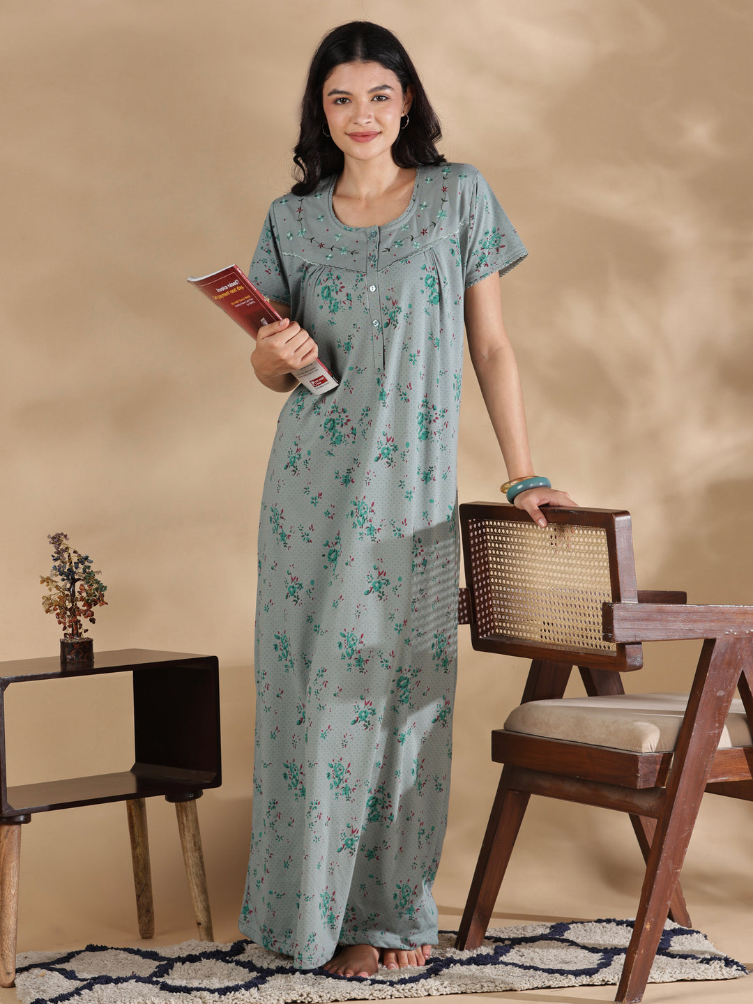 Sage floral cotton blend nighty dress for women online