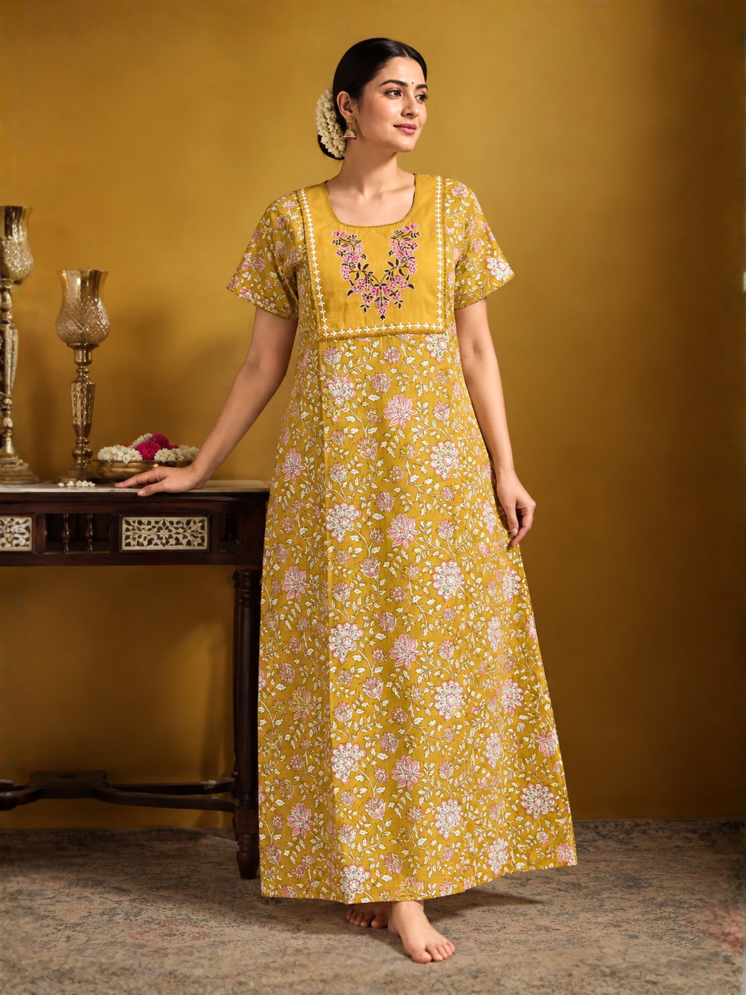 Mustard floral vine cotton nighty with embroidered yoke