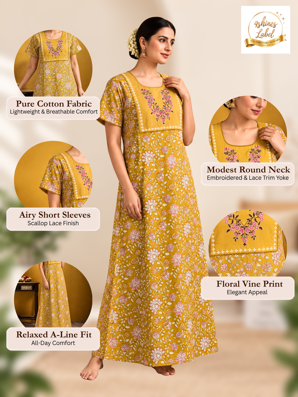 Mustard floral vine cotton nighty with embroidered yoke