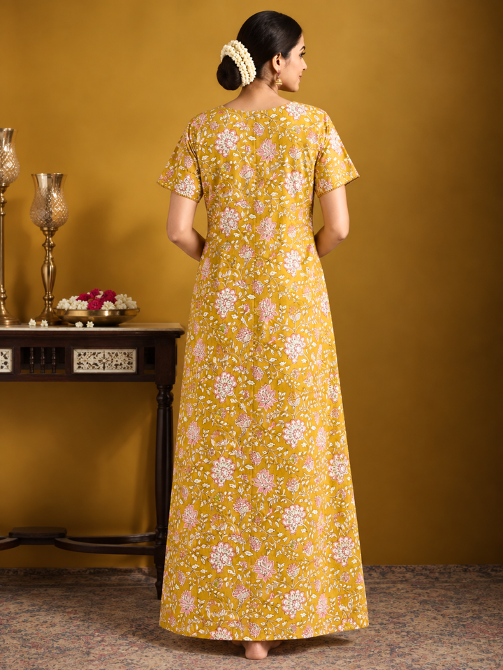 Mustard floral vine cotton nighty with embroidered yoke