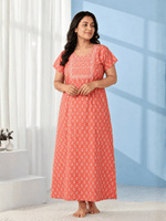 Pure Cotton Utsav Peach Embroidered Nighty with Floral Block Print