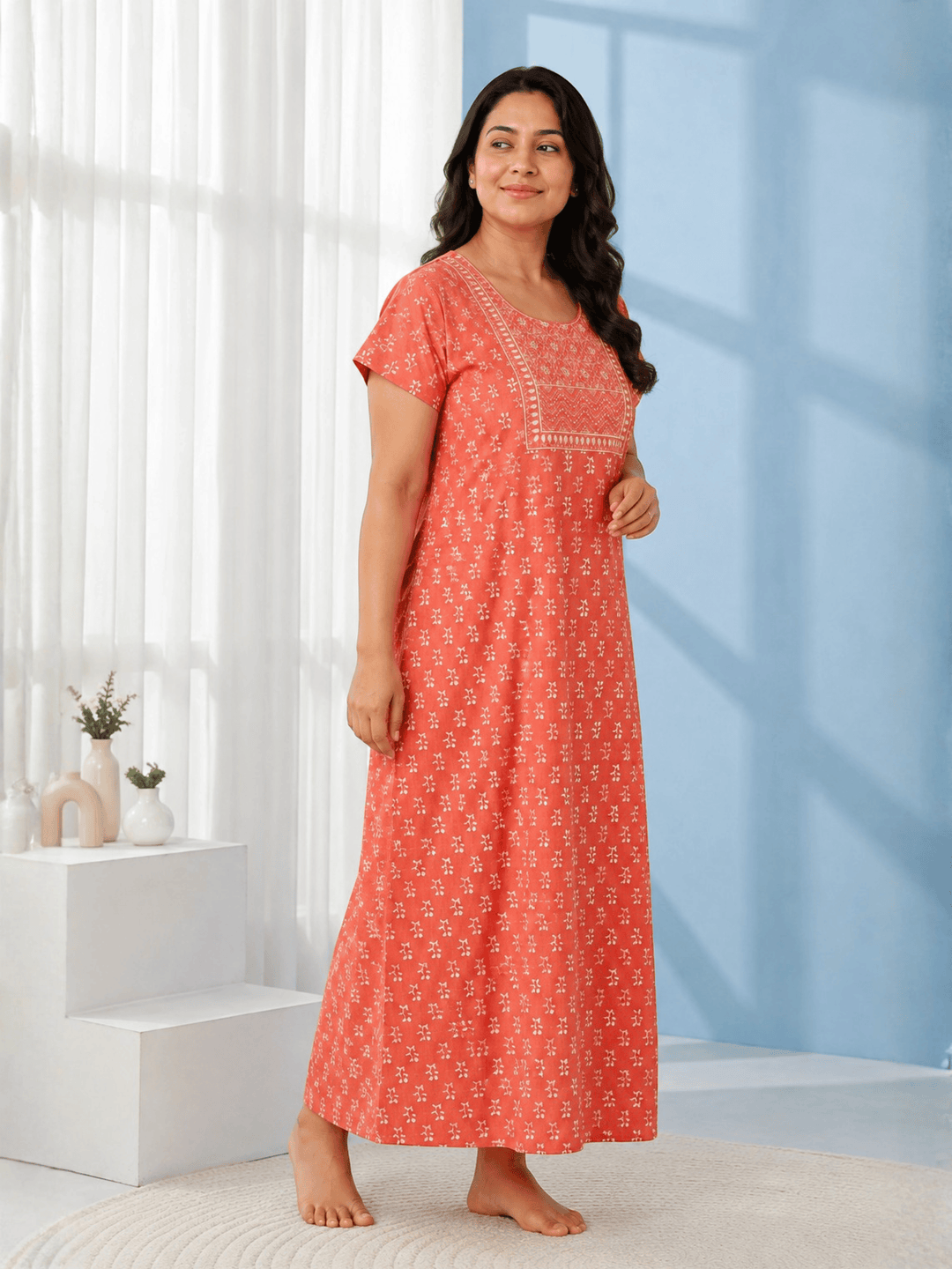 Elegant floral pure cotton long nighty for women online