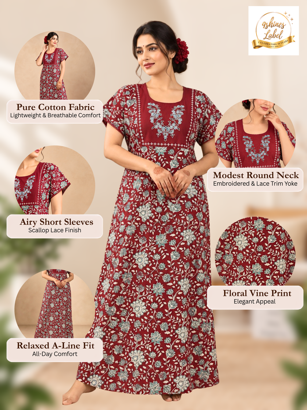 Red floral soft cotton nighty for women with side pocket