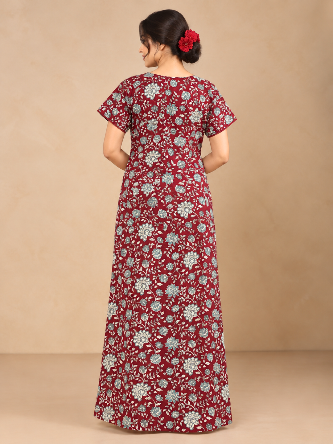 Red floral soft cotton nighty for women with side pocket