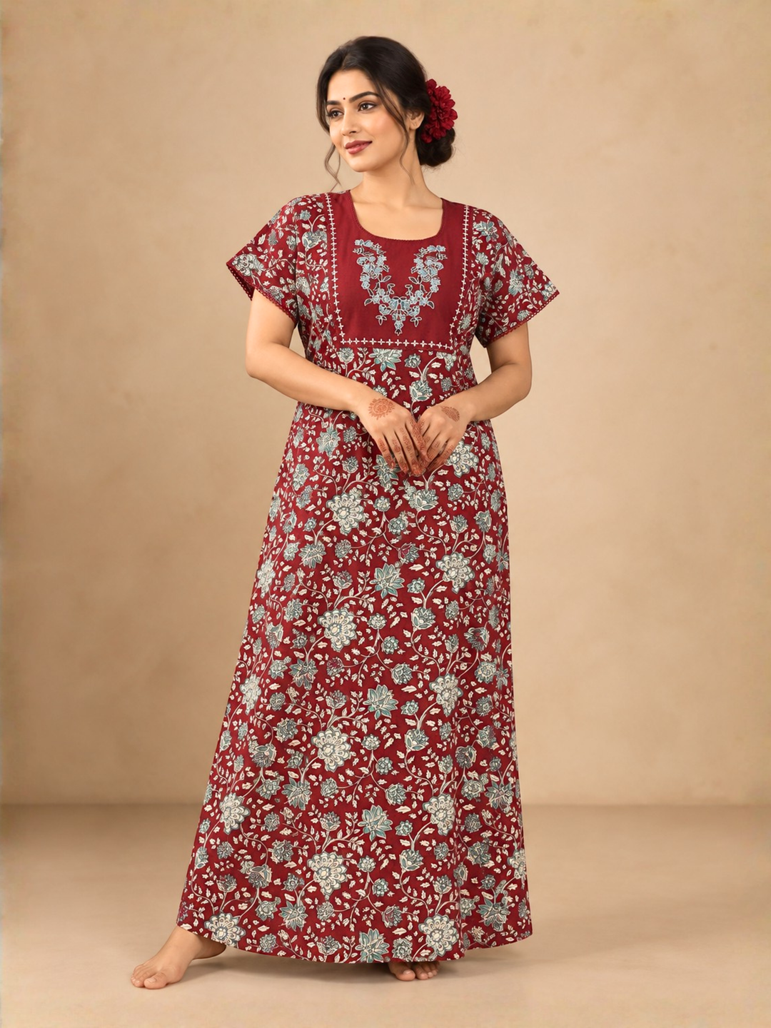 Red floral soft cotton nighty for women with side pocket