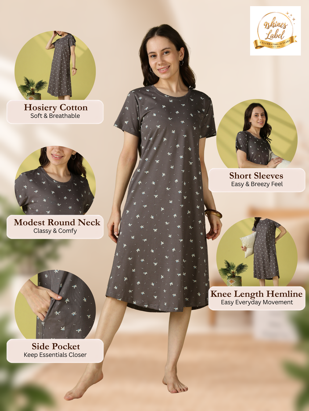 Grey flower floral cotton short nighty for women online