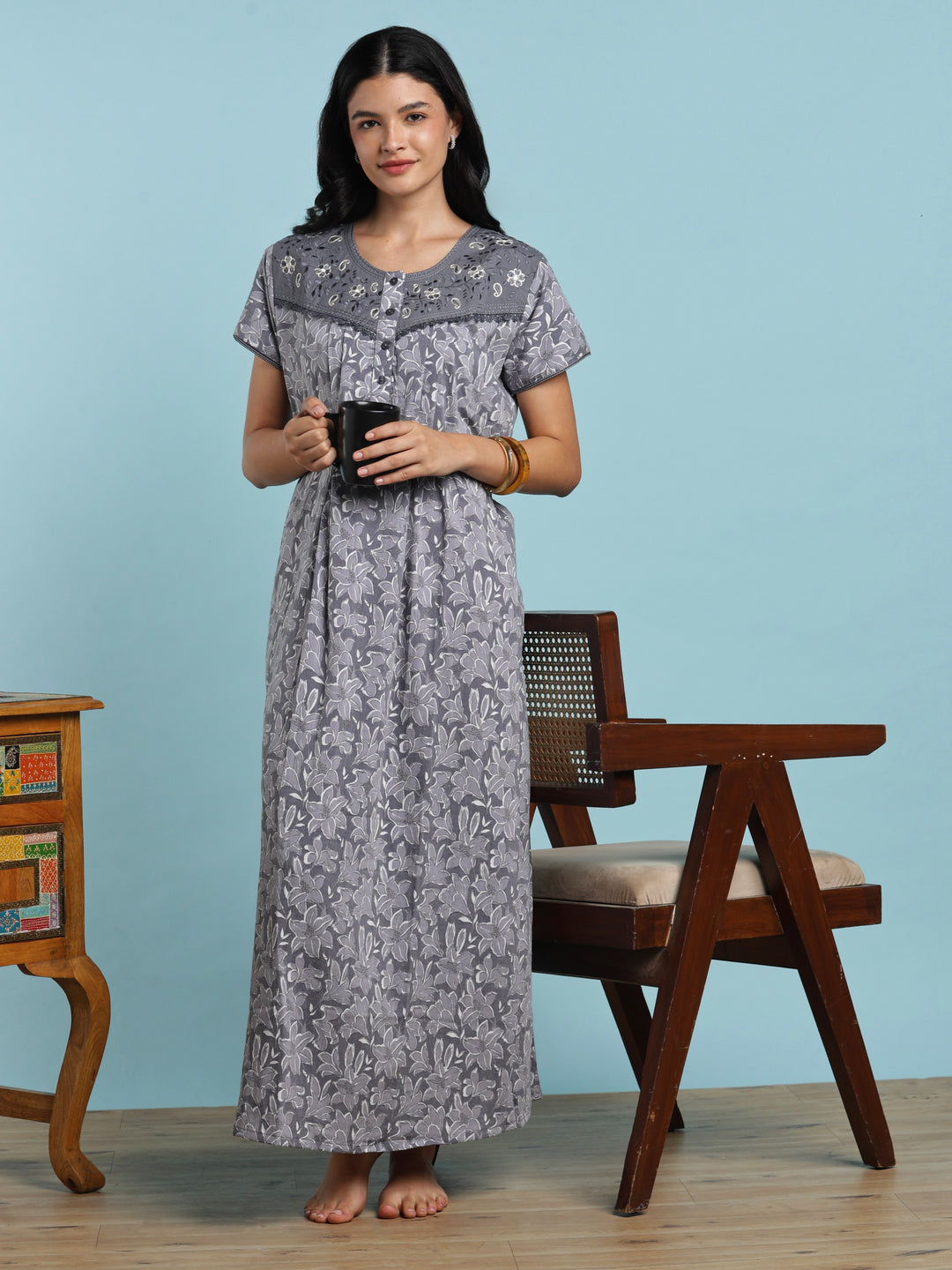 Grey crush cotton floral designer nightydress for women