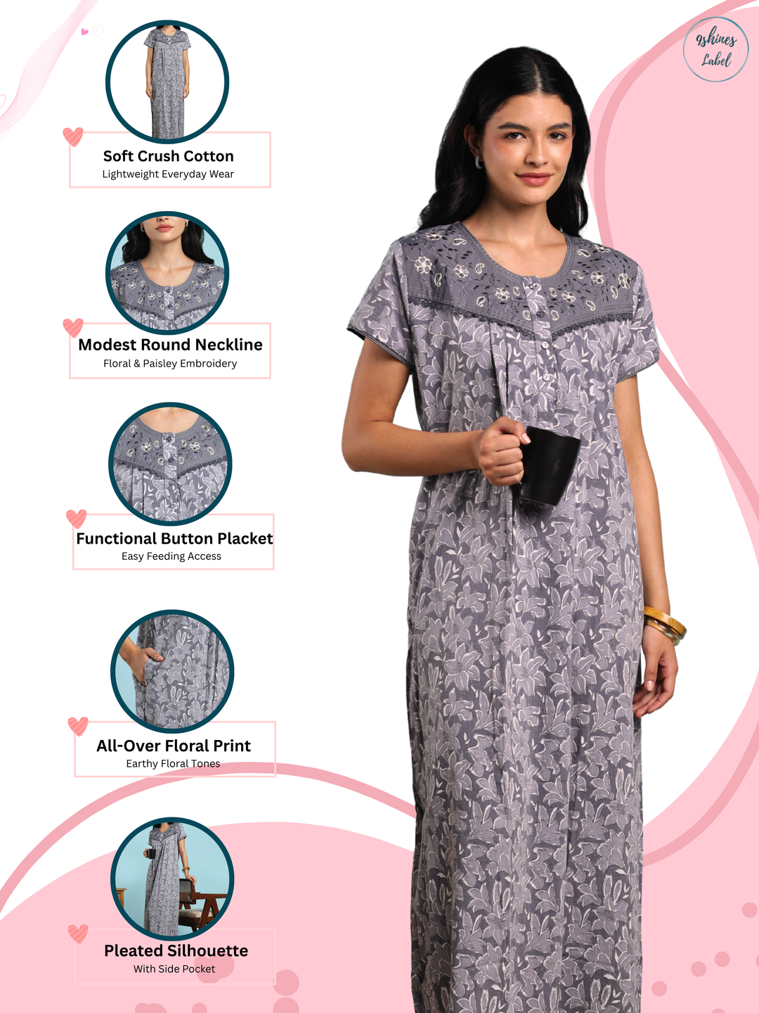 Grey crush cotton floral designer nightydress for women