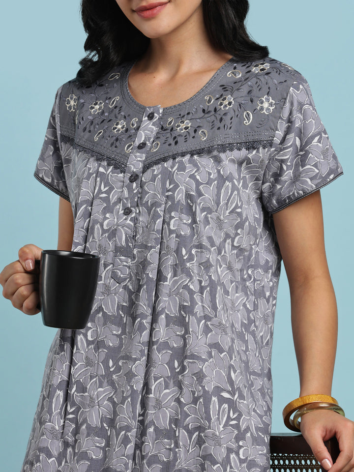 Grey crush cotton floral designer nightydress for women