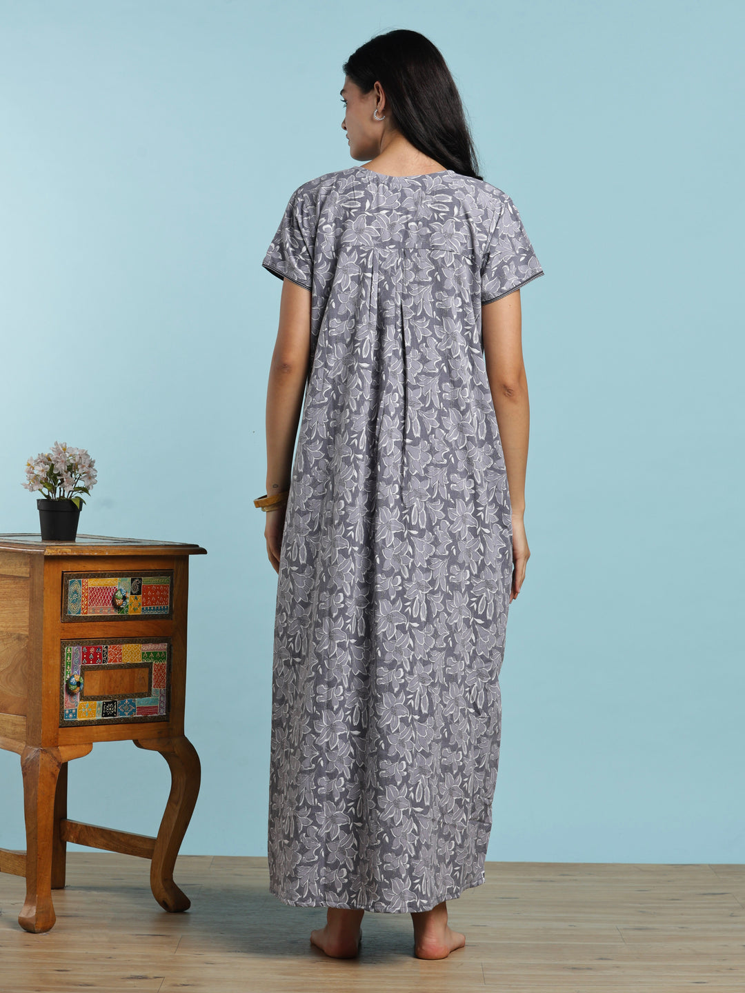 Grey crush cotton floral designer nightydress for women