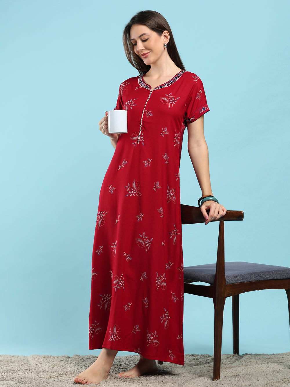 Posy maroon floral designer nighty for ladies online