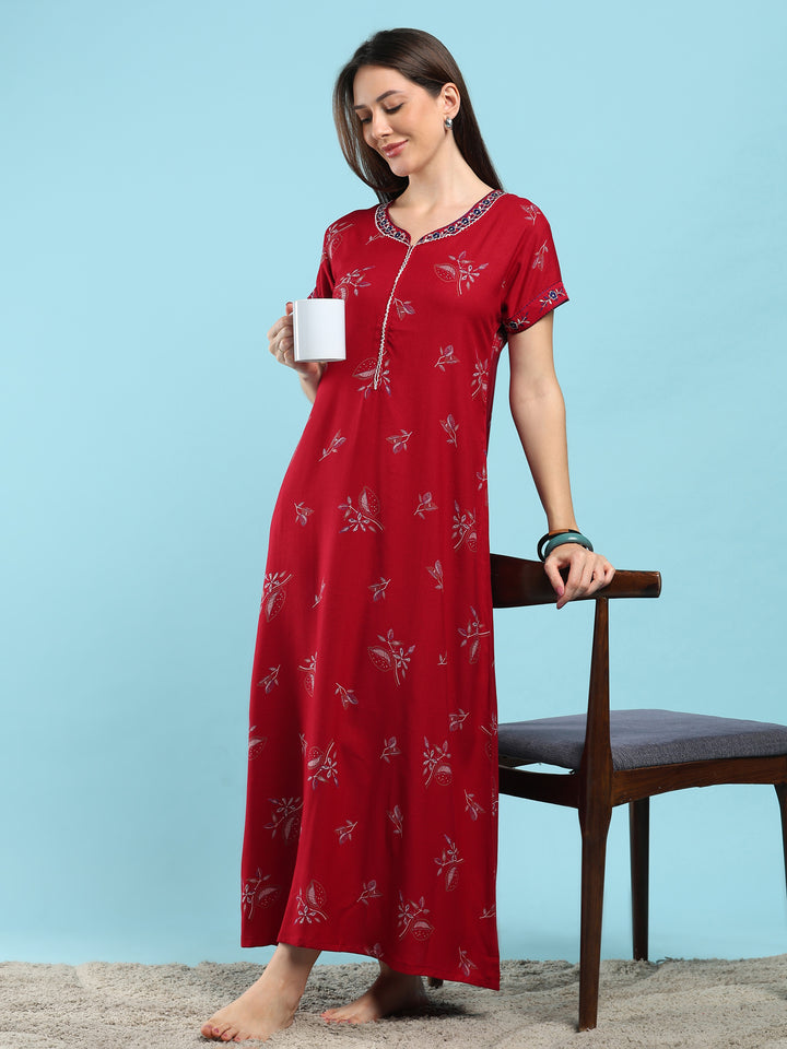 Posy maroon floral designer nighty for ladies online