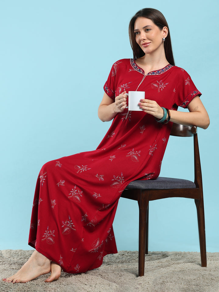 Posy maroon floral designer nighty for ladies online