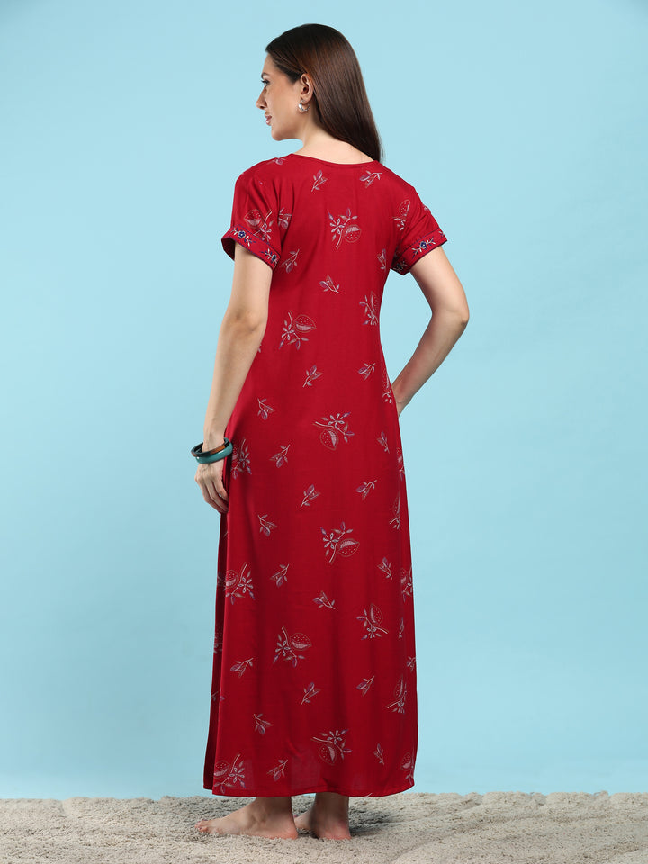 Posy maroon floral designer nighty for ladies online