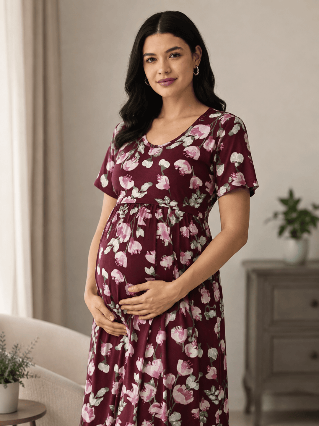 Wine maternity nighty for women with feeding zipper