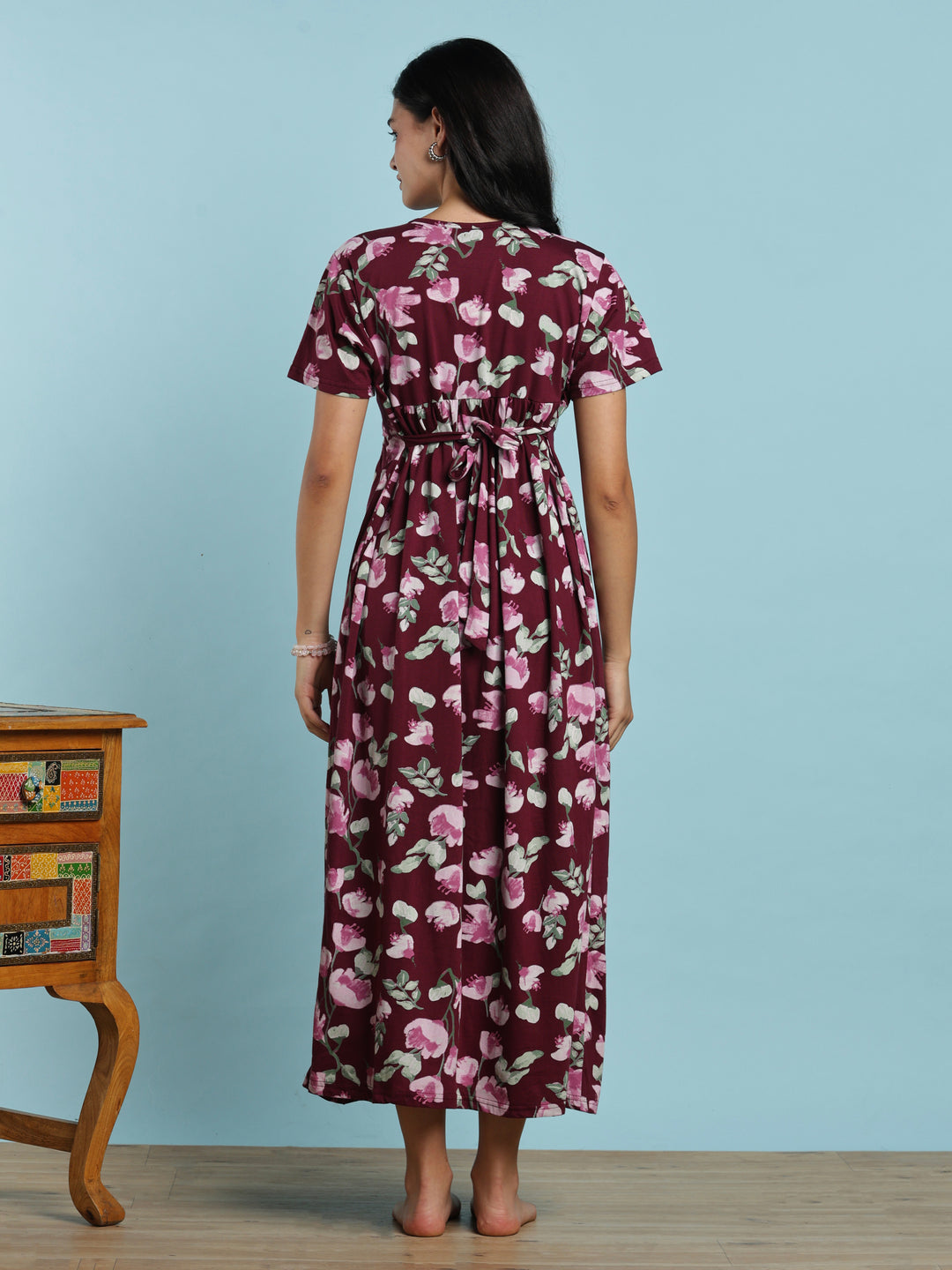 Wine maternity nighty for women with feeding zipper