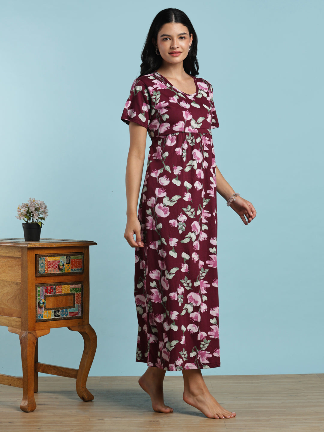 Wine maternity nighty for women with feeding zipper