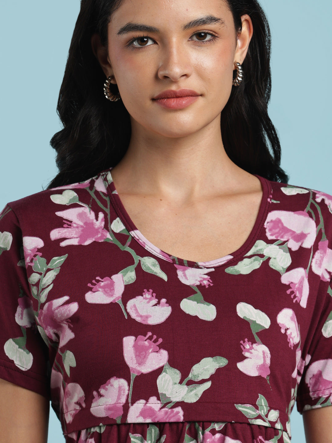 Wine maternity nighty for women with feeding zipper