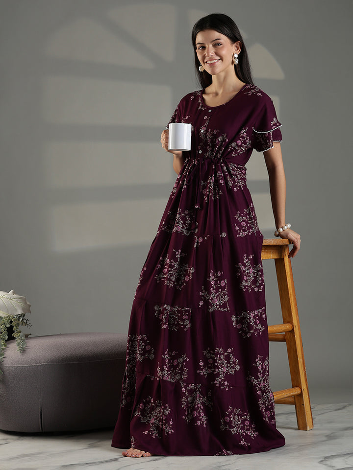 Comfortable floral frock type nighty for women in wine.