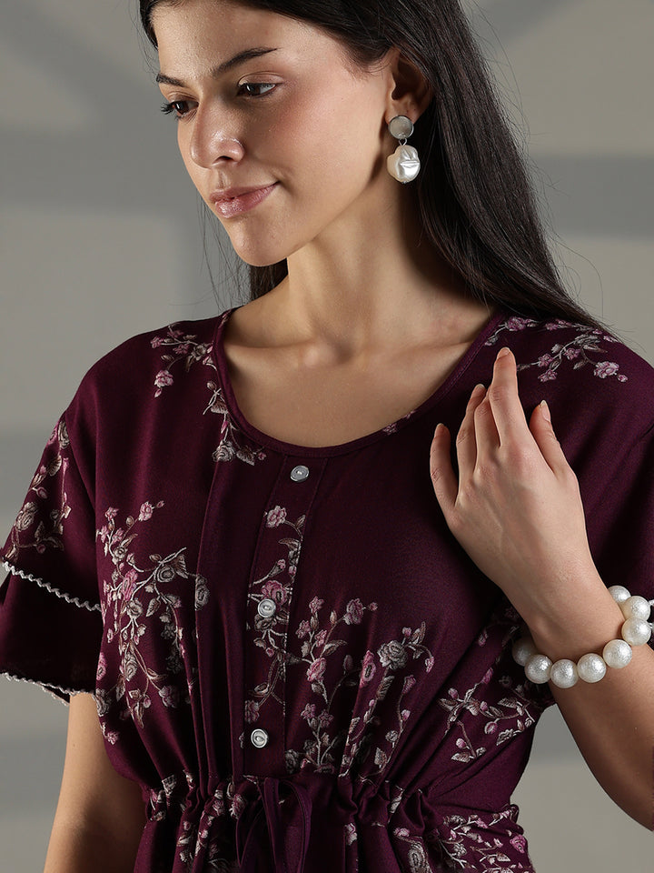 Comfortable floral frock type nighty for women in wine.