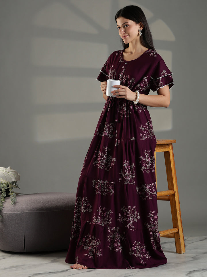Comfortable floral frock type nighty for women in wine.