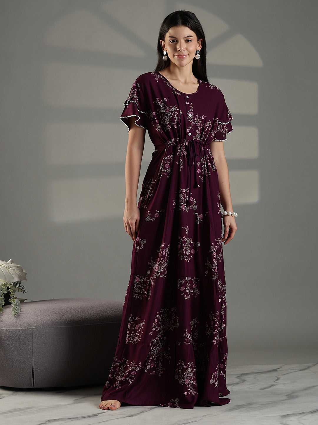 Comfortable floral frock type nighty for women in wine.