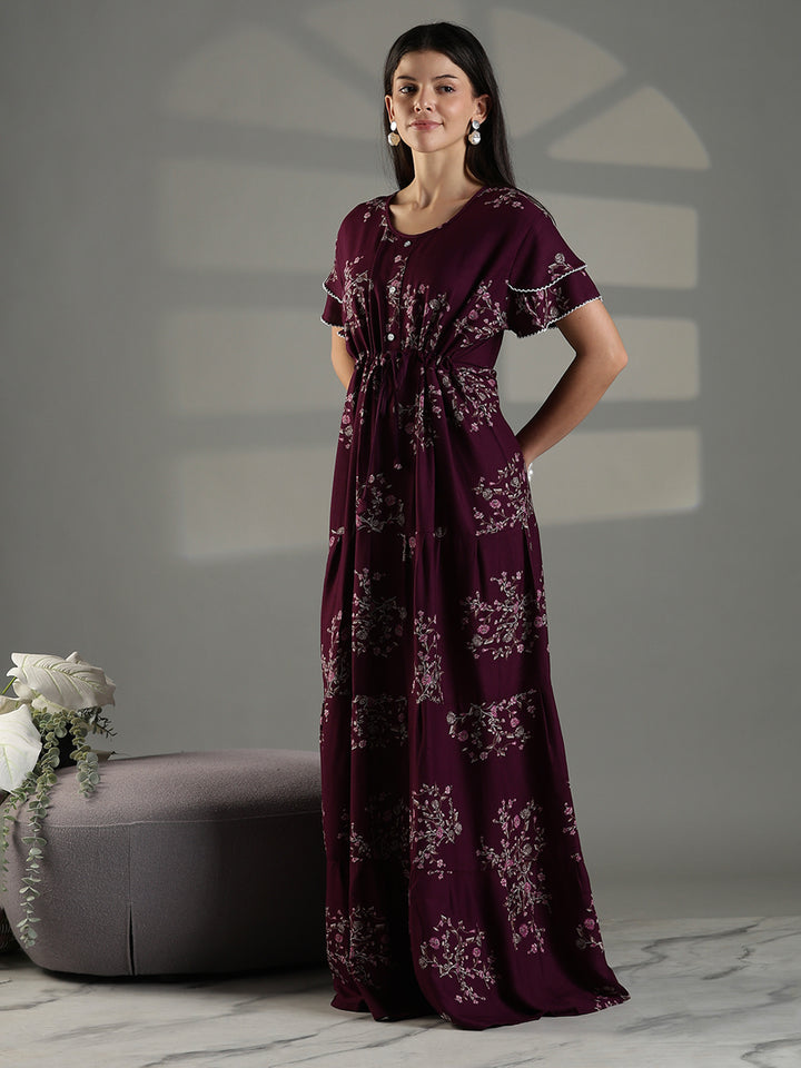 Comfortable floral frock type nighty for women in wine.