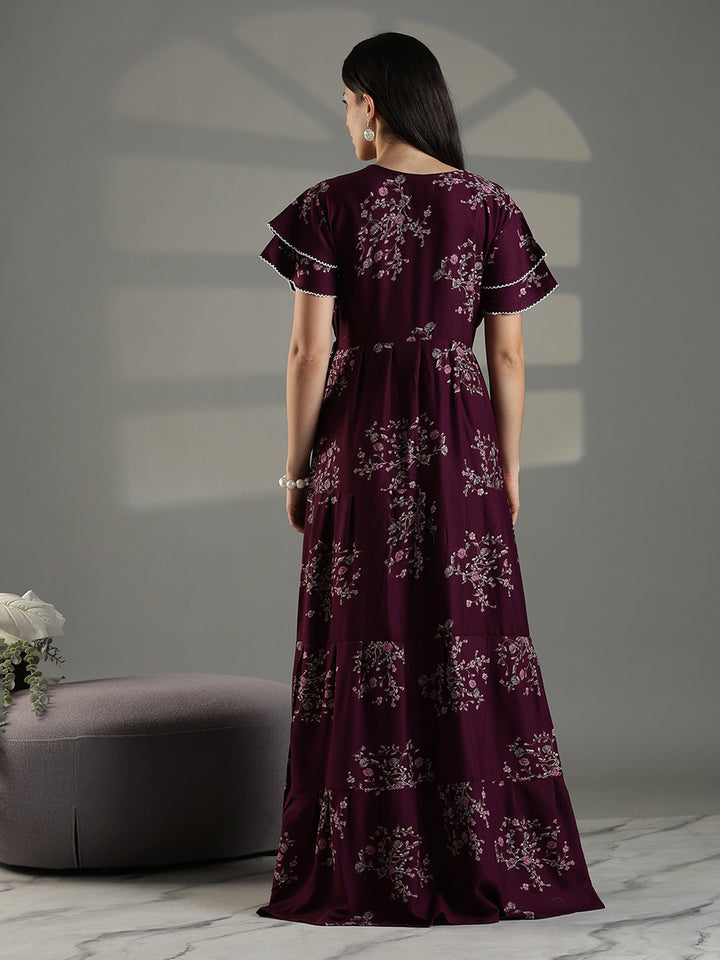 Comfortable floral frock type nighty for women in wine.